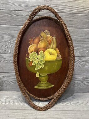 Vintage Woven Wooden Fruit Still Life Large Serving Tray Hand Painted Hangs